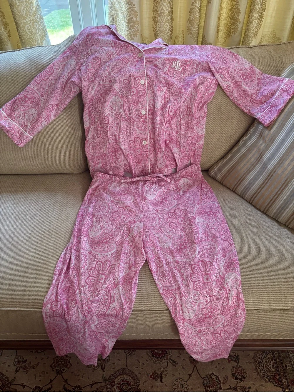 Lauren Ralph Lauren Pink Paisley Button-Down Shirt with White Piping